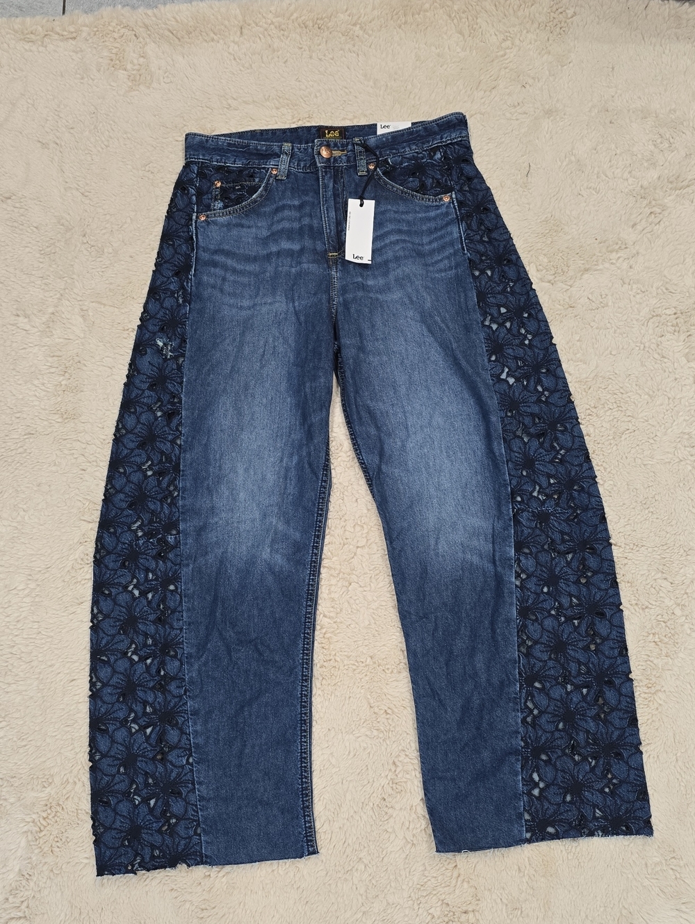 Lee Women's Dark Blue Denim Boyfriend Jeans with Floral Lace Side Panels